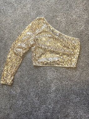 Amazon Gold One-Shoulder Zip-Up Sequin Crop Top